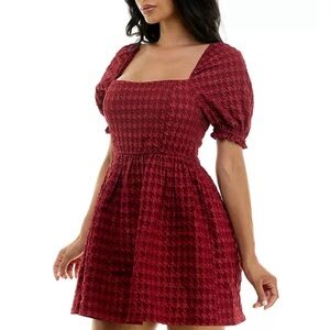 Honey and Rosie Burgundy Square Neck Puff Sleeve Mini Dress